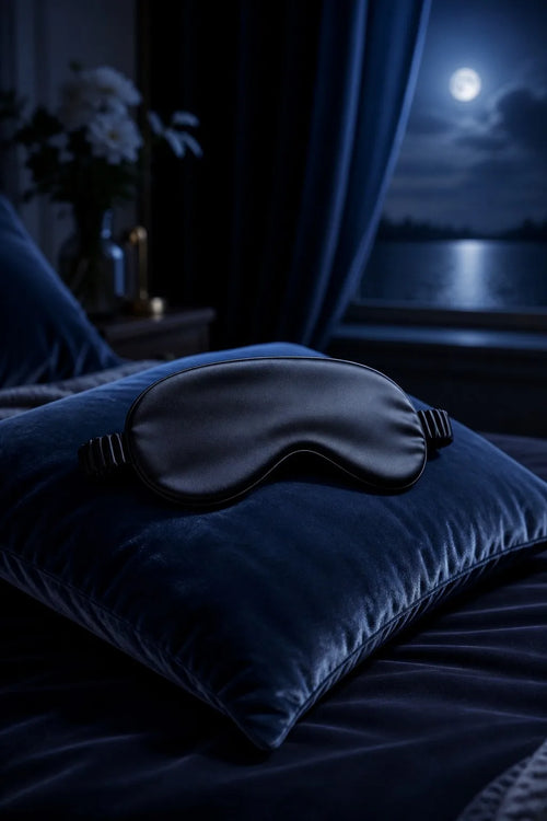 Luxury black mulberry silk sleep mask in a serene, moonlit bedroom setting