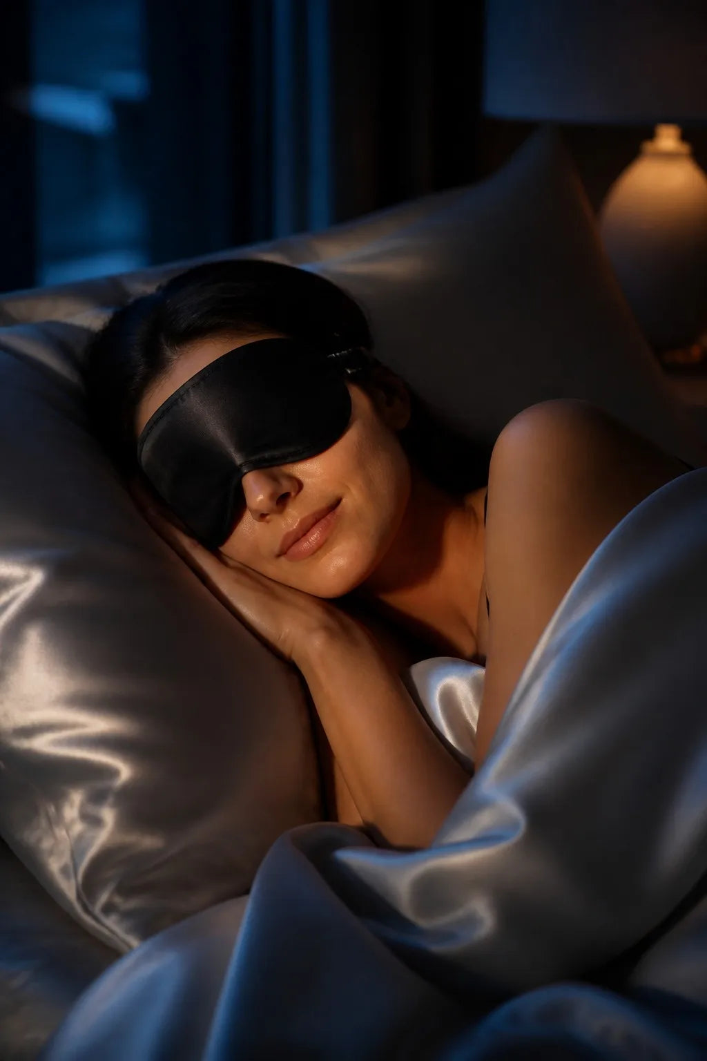 Peaceful person sleeping soundly wearing the Moonlit Rest black mulberry silk sleep mask