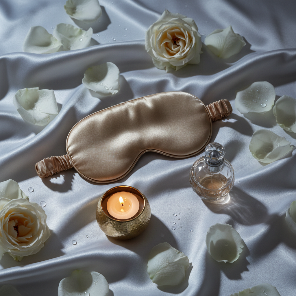 Gold Silk Sleep Mask Flat Lay Ivory