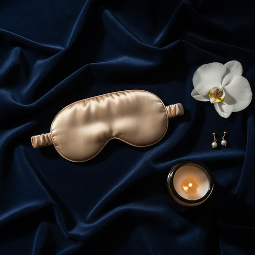 Gold Silk Sleep Mask Flat Lay Navy