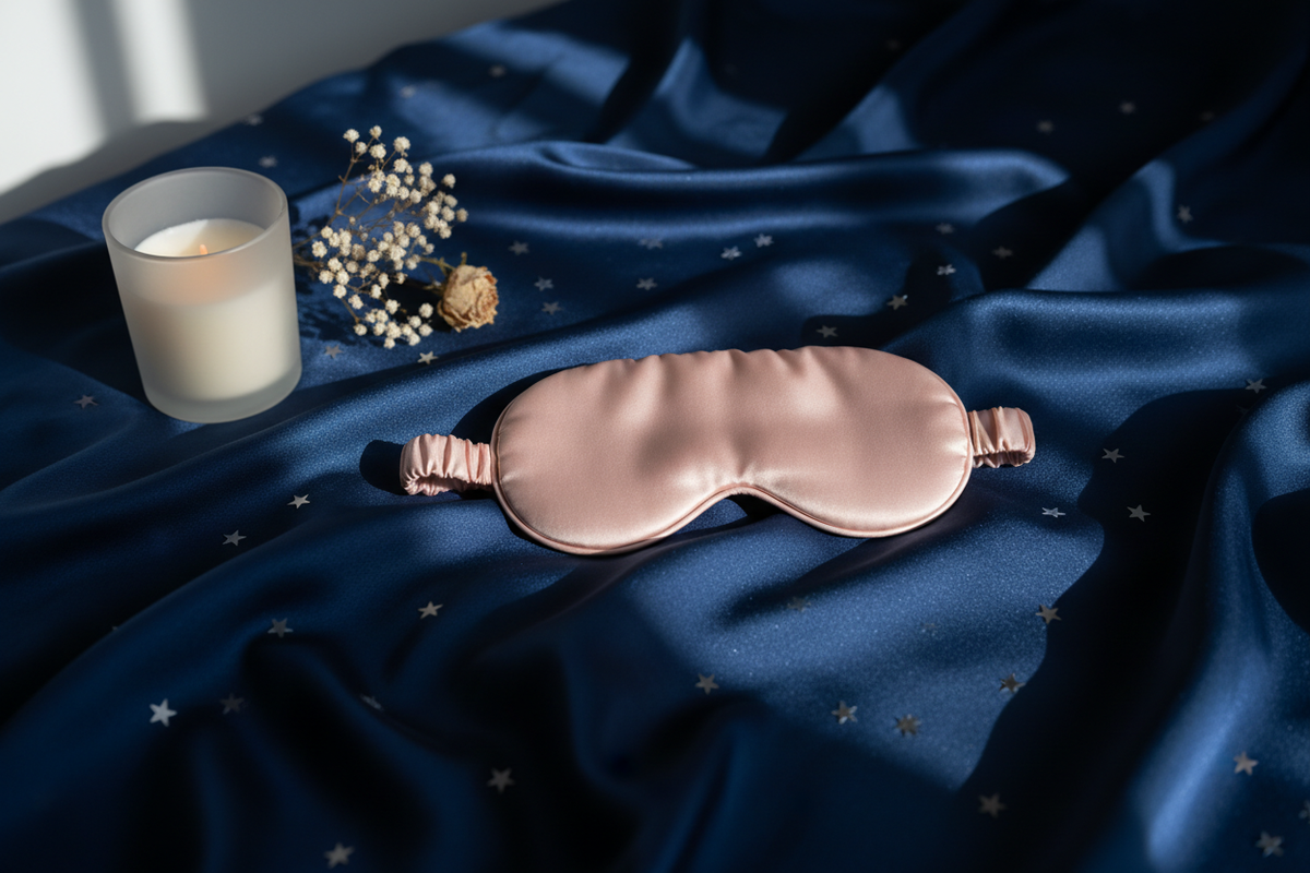 Pink Seashell Silk Sleep Mask on midnight blue satin with moonlit glow