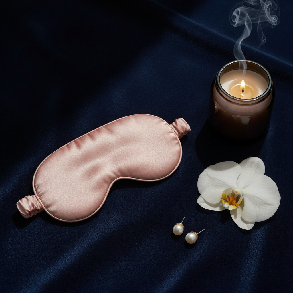 Pink Seashell Silk Sleep Mask flat lay on navy velvet with orchid and candlelight