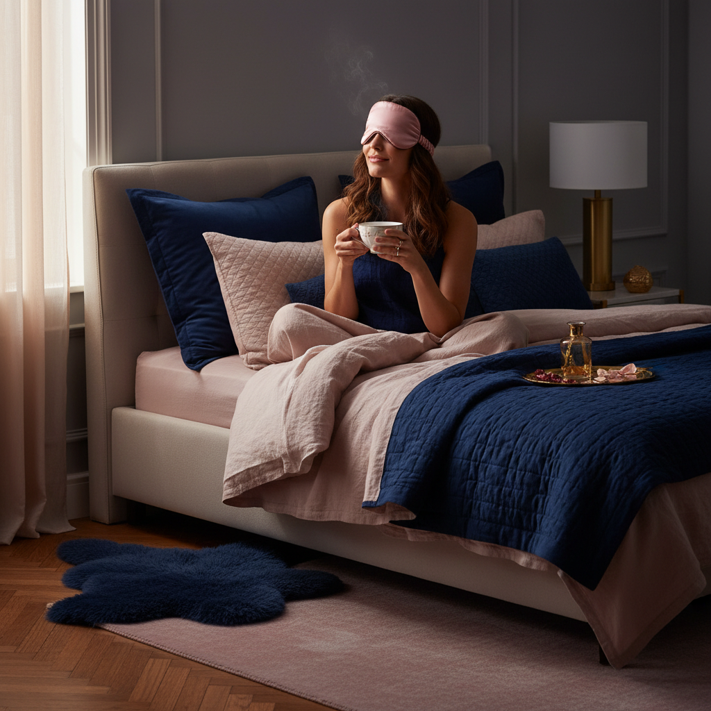 Woman wearing pink silk sleep mask sitting up in bed holding herbal tea