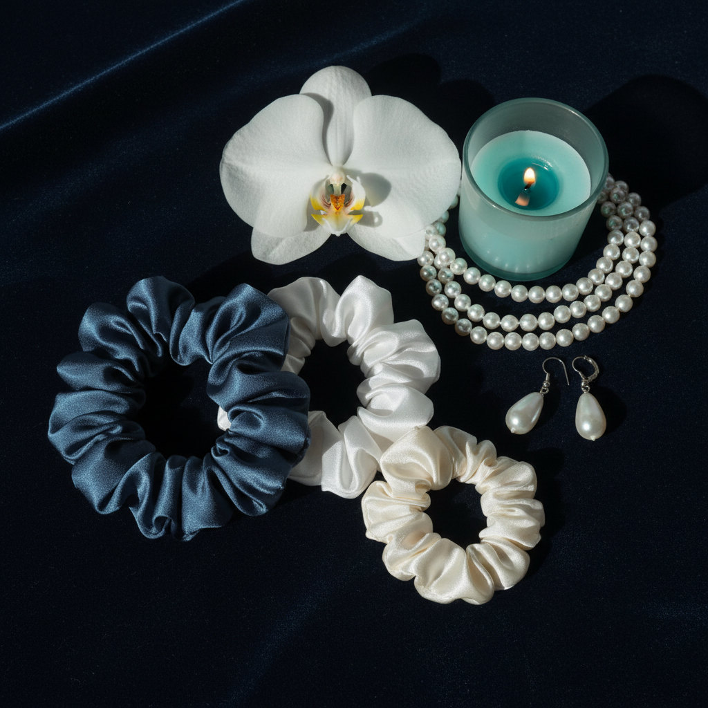 Moonlit Silk Scrunchies flat lay on navy velvet with orchid and candlelight