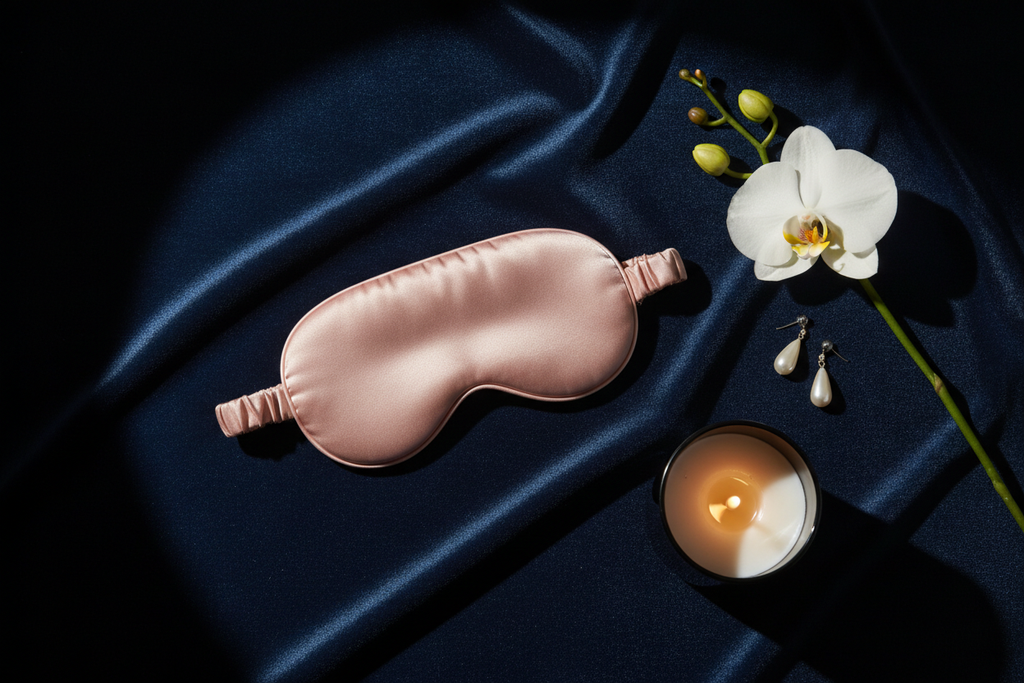 Pink Seashell Silk Sleep Mask flat lay on navy velvet with orchid and candlelight