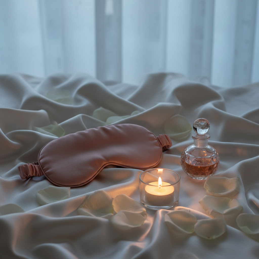 Pink Seashell Silk Sleep Mask flat lay on ivory satin with rose petals and candlelight
