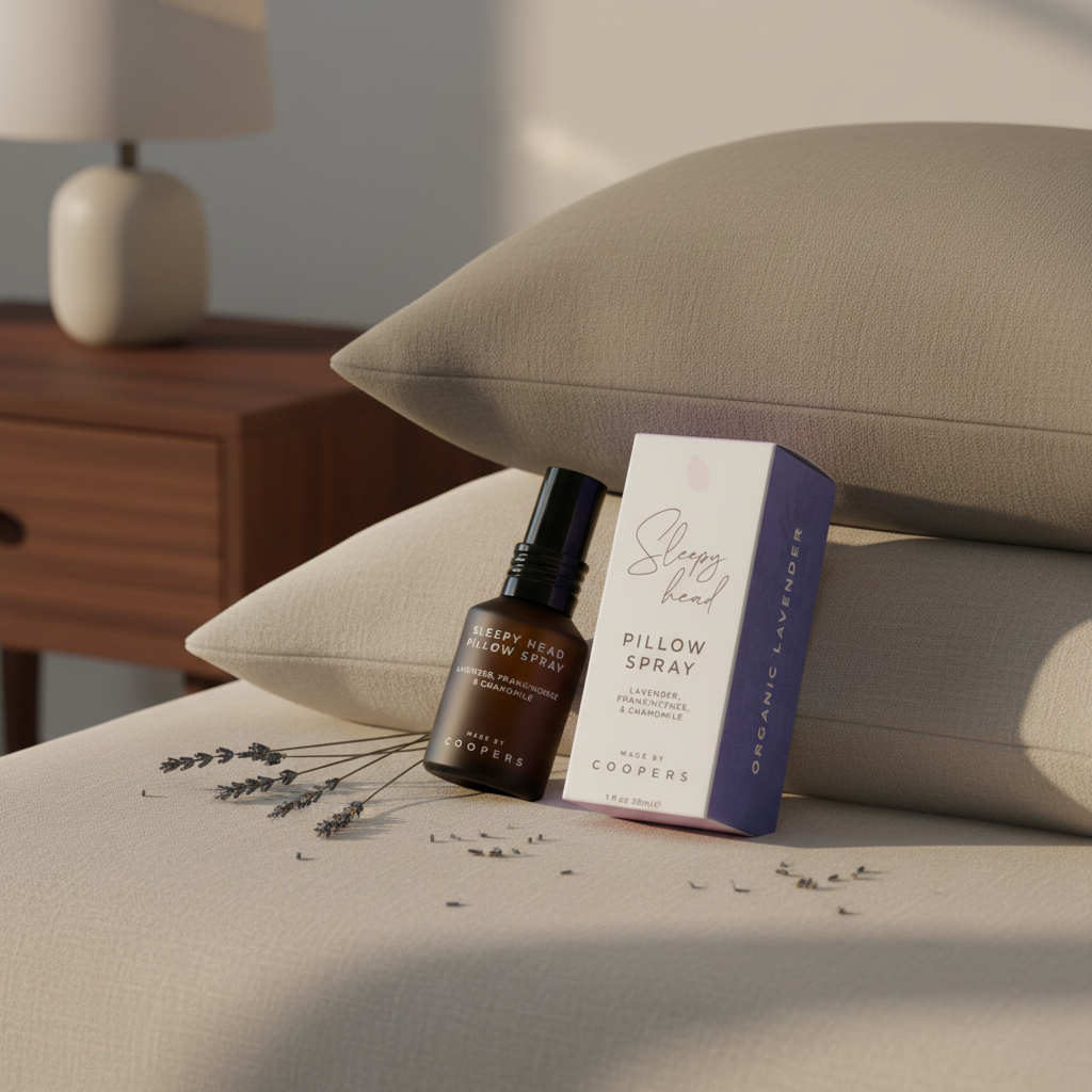 Sleepy Head lavender pillow spray on soft linen beside a bed