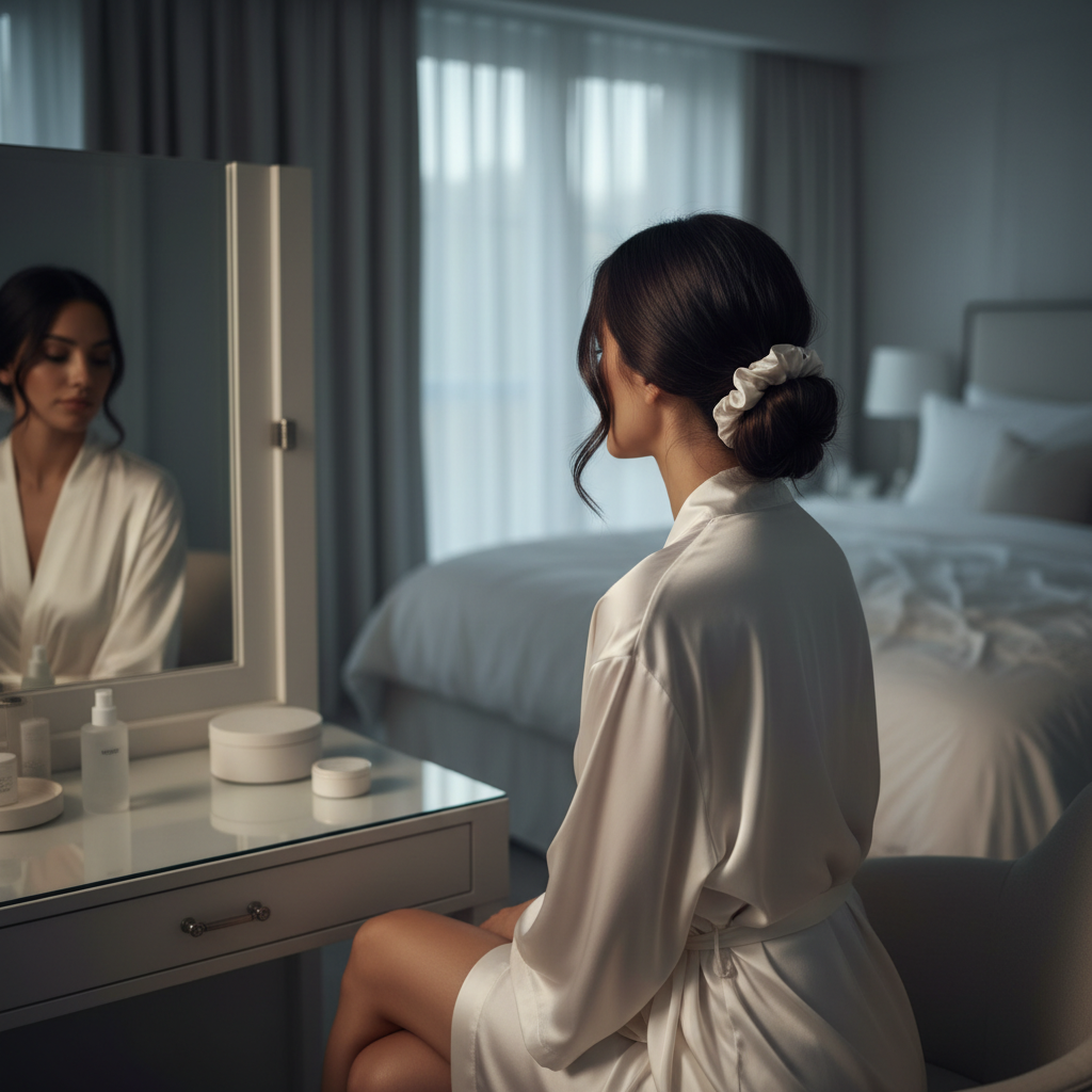 Woman wearing pearl silk scrunchie sitting at vanity mirror in moonlit bedroom