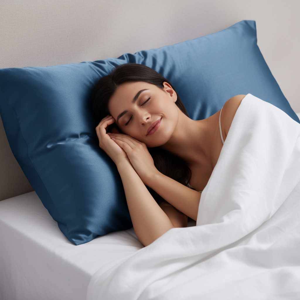 Woman lying on Mystique Blue Silk Pillowcase in moonlit bedroom