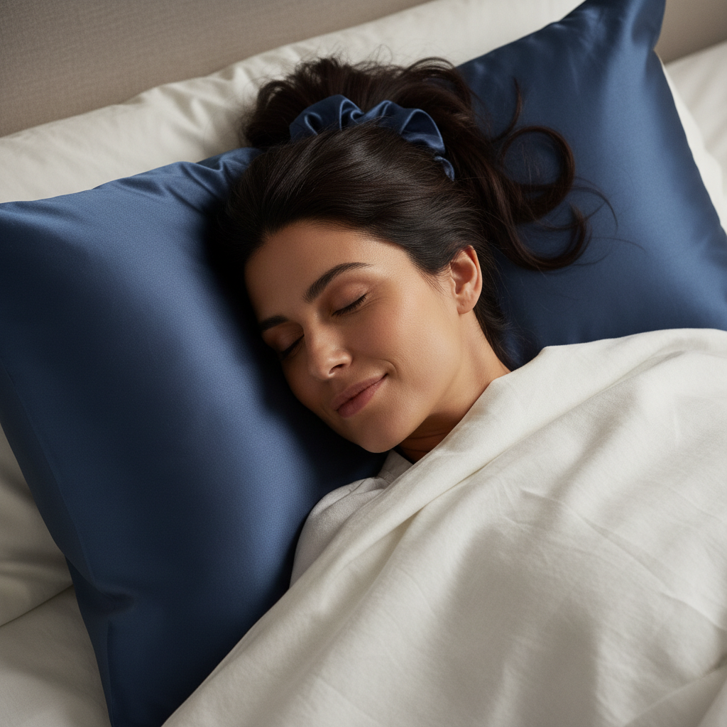 Woman with navy silk scrunchie lying on midnight blue silk pillowcase
