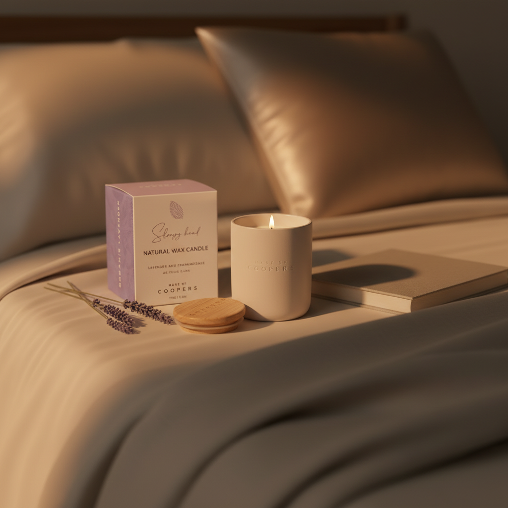 Sleepy Head candle on silk bedding