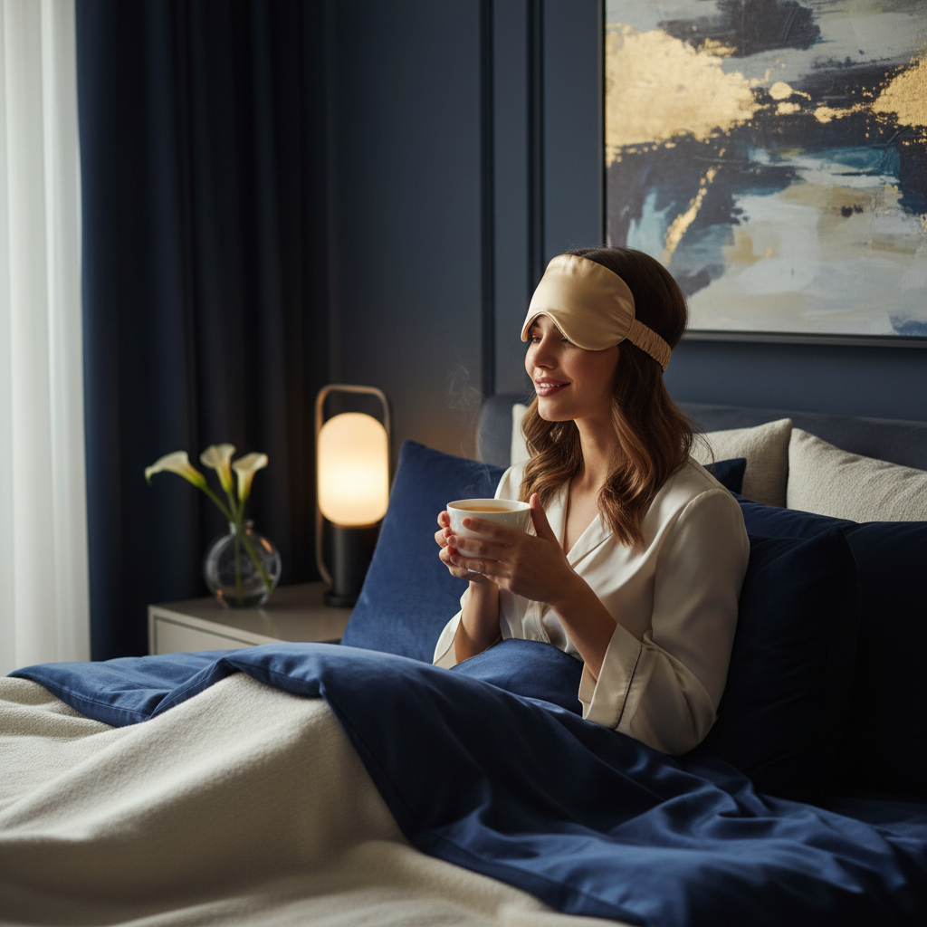 Woman Wearing Gold Silk Sleep Mask Morning