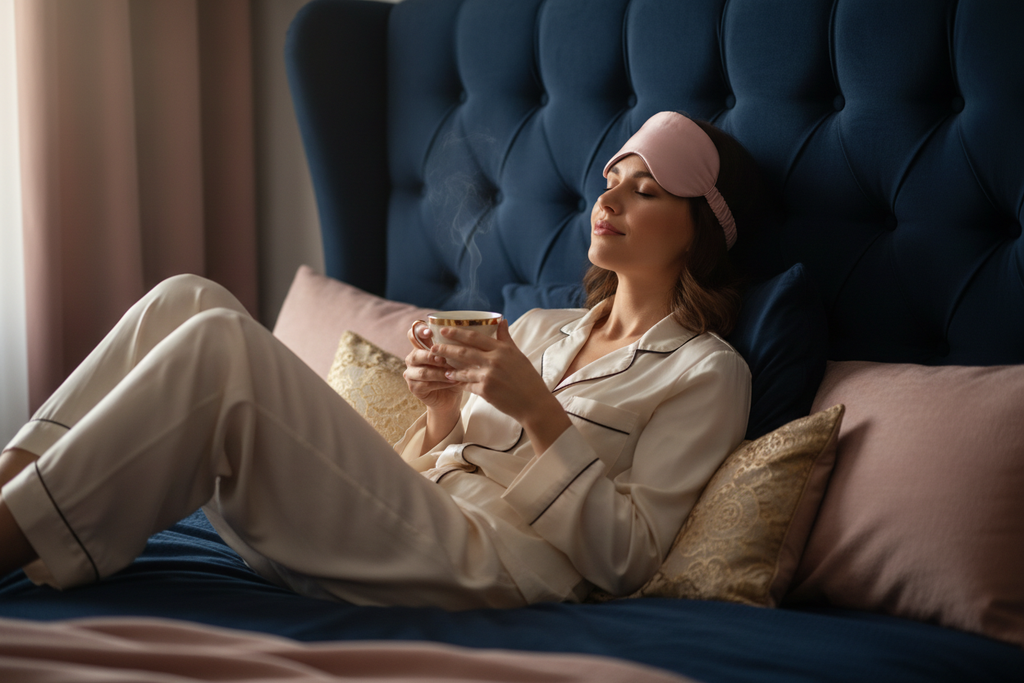 Woman Wearing Pink Silk Sleep Mask Morning