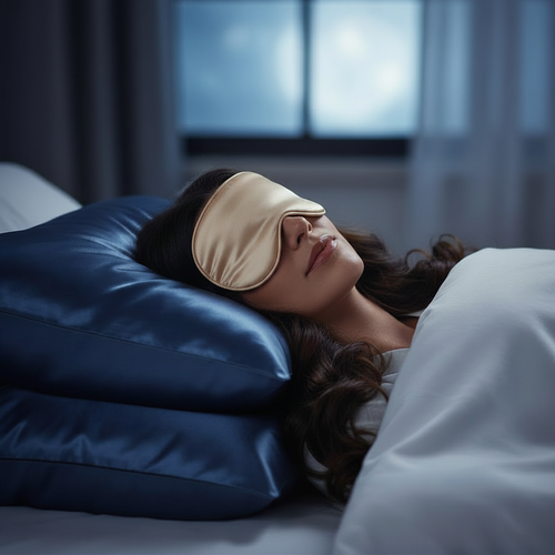 Woman Wearing Plain Gold Silk Sleep Mask Sleeping